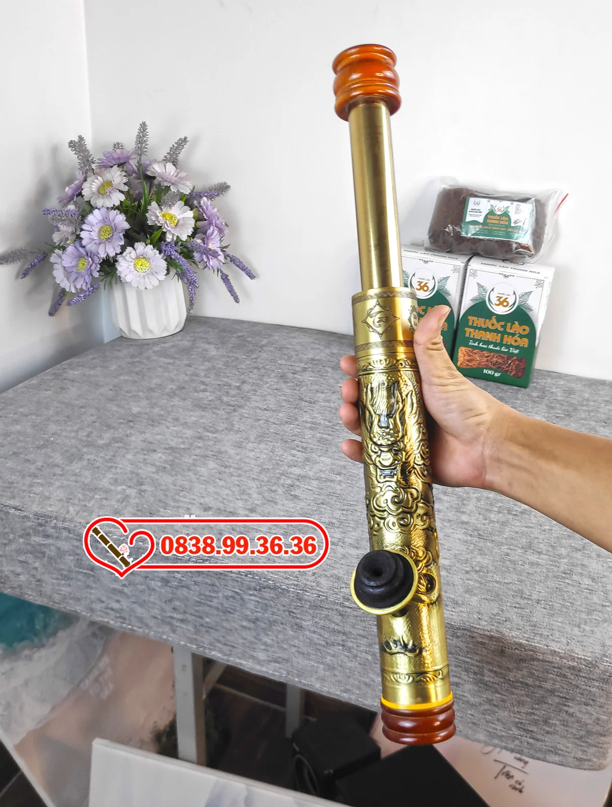 Điếu Cày Mini Rút Gọn Bọc Đồng Nguyên Khối 40cm – Tặng Kèm Bao Da Cao Cấp