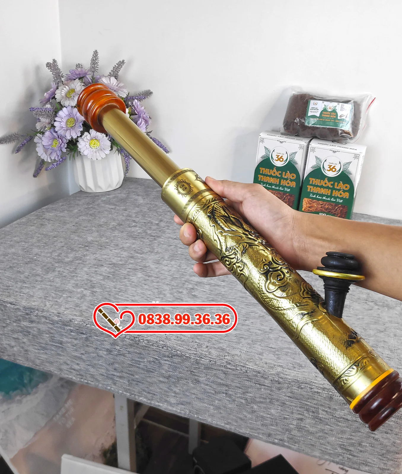 Điếu Cày Mini Rút Gọn Bọc Đồng Nguyên Khối 40cm – Tặng Kèm Bao Da Cao Cấp