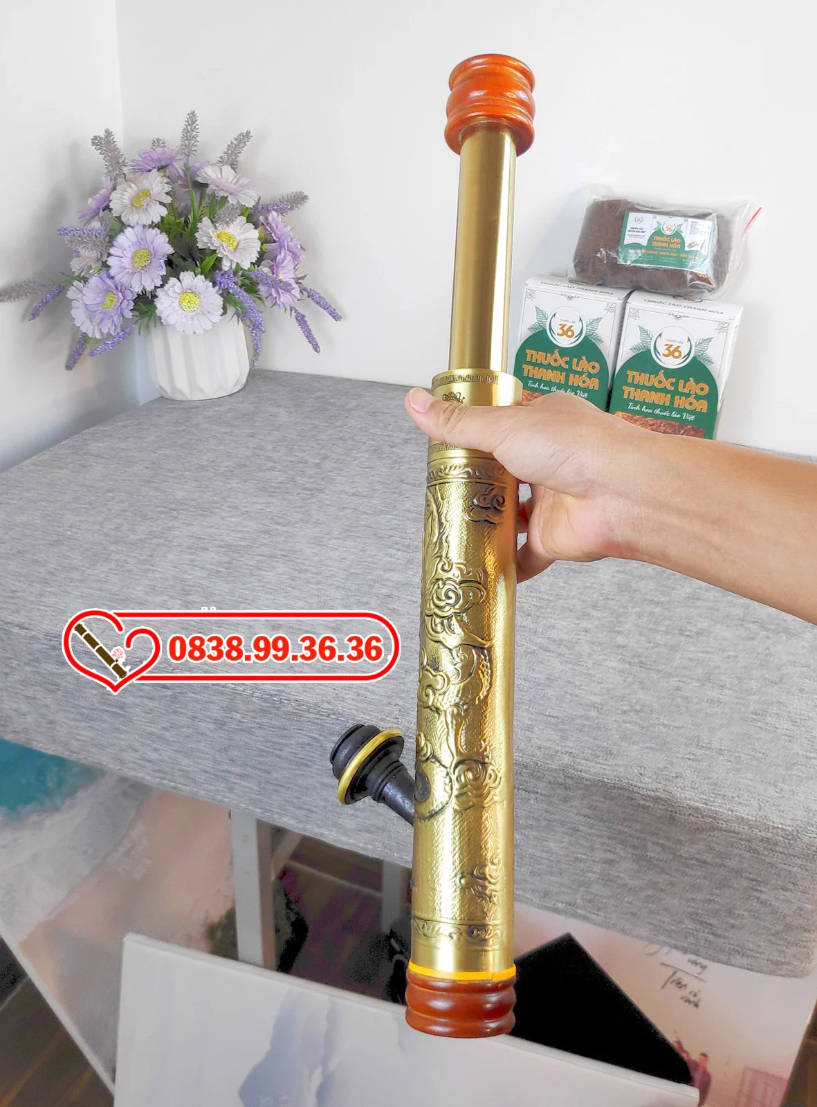 Điếu Cày Mini Rút Gọn Bọc Đồng Nguyên Khối 40cm – Tặng Kèm Bao Da Cao Cấp