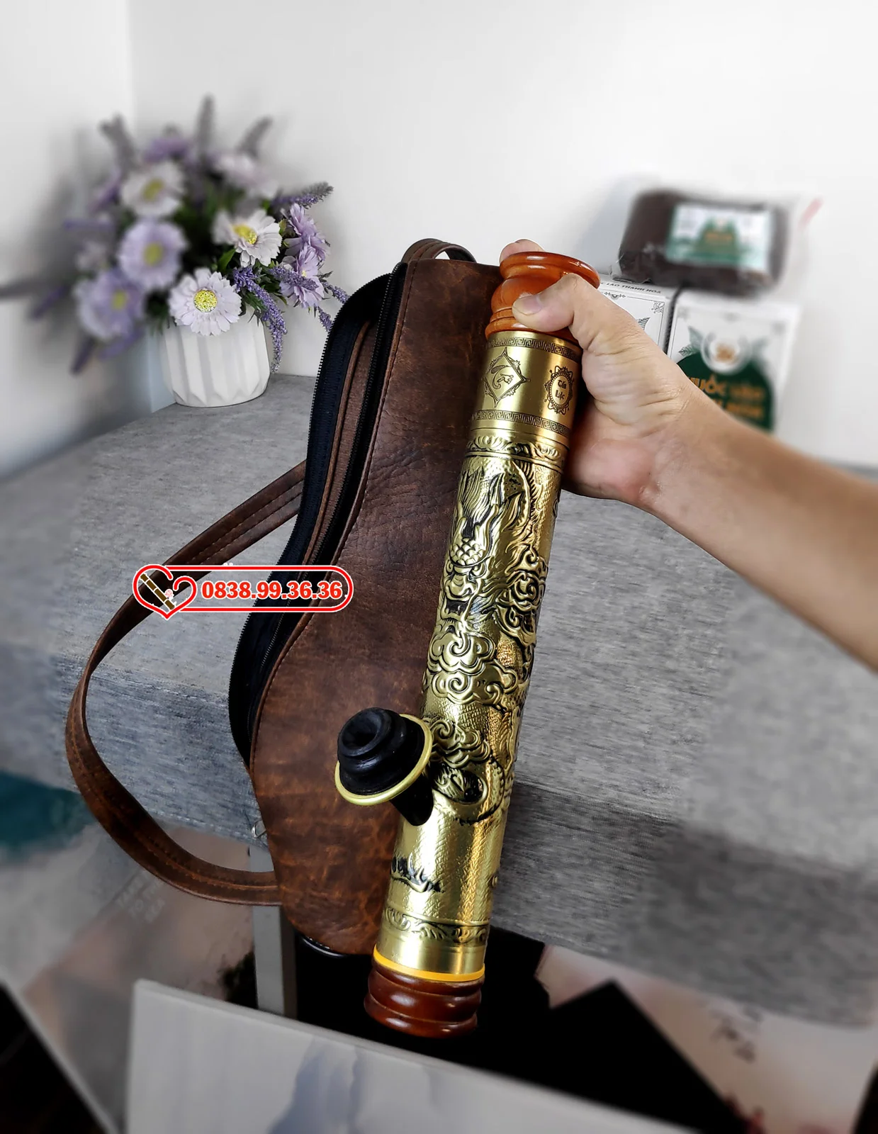 Điếu Cày Mini Rút Gọn Bọc Đồng Nguyên Khối 40cm – Tặng Kèm Bao Da Cao Cấp