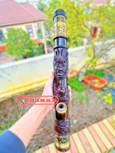 Điếu Rút Gỗ Mun Khắc Rồng Nhả Ngọc 50cm Bọc Đồng – M57